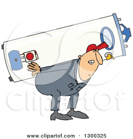 Clipart of a Chubby White Worker Man Carrying a Gas Water Heater - Royalty Free Vector Illustration by djart