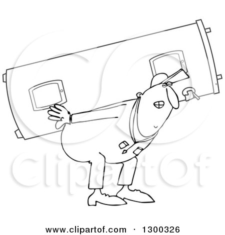 Outline Clipart of a Chubby Black and White Worker Man Carrying a Gas Water Heater - Royalty Free Lineart Vector Illustration by djart