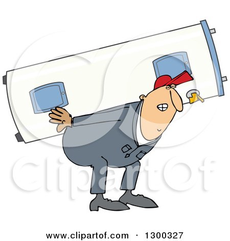 Clipart of a Chubby White Worker Man Carrying an Electric Water Heater - Royalty Free Vector Illustration by djart