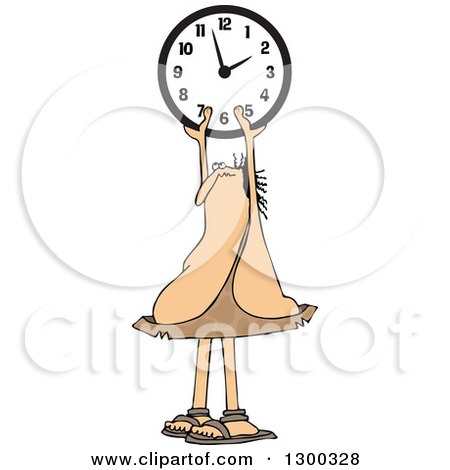 Clipart of a Chubby Caveman Holding up a Wall Clock - Royalty Free Vector Illustration by djart