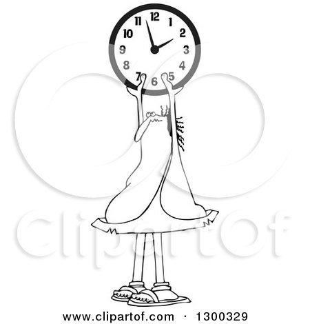 Outline Clipart of a Black and White Chubby Caveman Holding up a Wall Clock - Royalty Free Lineart Vector Illustration by djart