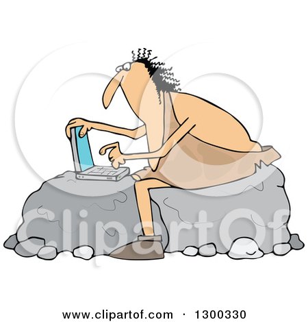 Clipart of a Chubby Caveman Sitting on Boulders and Using a Laptop Computer - Royalty Free Vector Illustration by djart