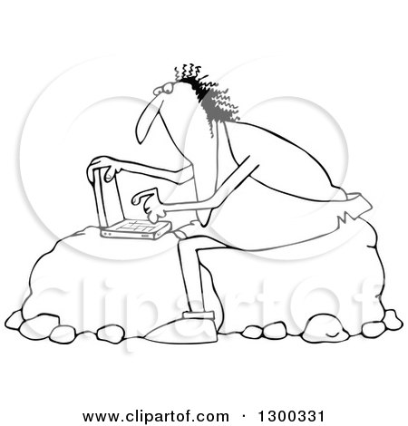 Outline Clipart of a Black and White Chubby Caveman Sitting on Boulders and Using a Laptop Computer - Royalty Free Lineart Vector Illustration by djart