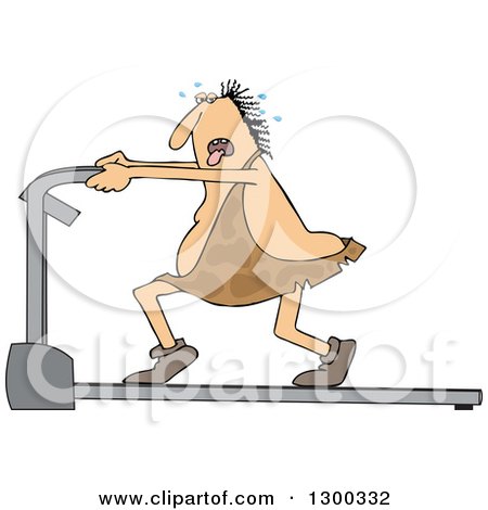 Clipart of a Chubby Caveman Panting, Sweating and Running on a Treadmill - Royalty Free Vector Illustration by djart