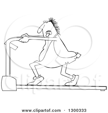 Outline Clipart of a Black and White Chubby Caveman Panting and Running on a Treadmill - Royalty Free Lineart Vector Illustration by djart