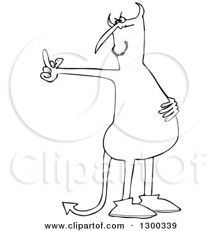 Outline Clipart of a Black and White Cartoon Angry Devil Flipping the Bird - Royalty Free Lineart Vector Illustration by djart