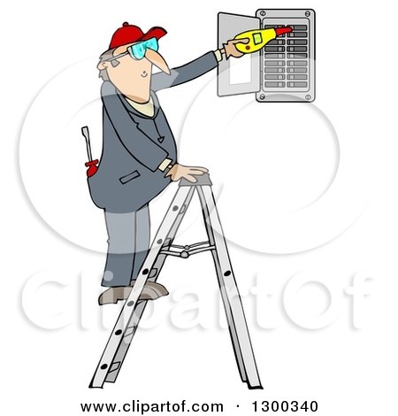 Clipart of a Cartoon Caucasian Electrician Man Standing on a Ladder and Checking a Breaker Panel Box - Royalty Free Illustration by djart