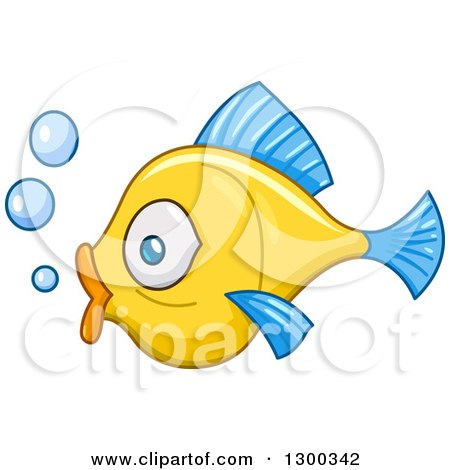 Clipart of a Profiled Yellow Fish with Blue Fins and Bubbles - Royalty Free Vector Illustration by yayayoyo