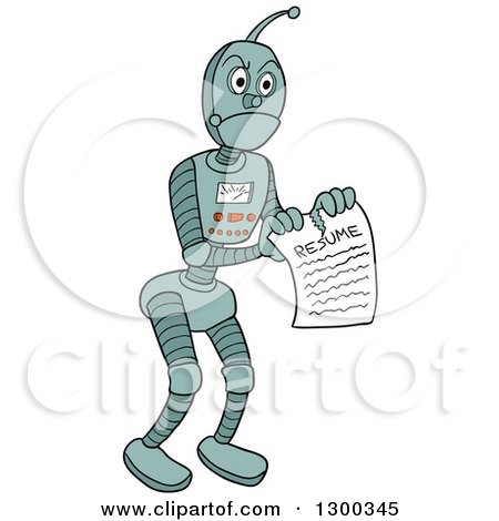 Clipart of a Robot Ripping a Resume in Half - Royalty Free Vector Illustration by LaffToon