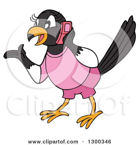 Clipart of a Talkative Female Magpie Bird Wearing Pink, Gesutring and Talking on a Cell Phone - Royalty Free Vector Illustration by LaffToon