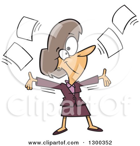 1300352 Clipart Of A Cartoon White Business Woman Tossing Up Papers And Ready For Retirement Royalty Free Vector Illustration