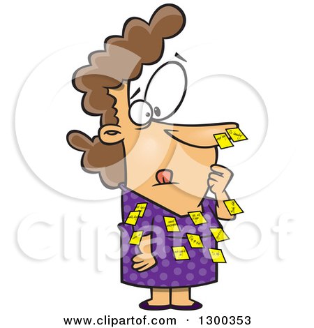 Clipart of a Cartoon Forgetful White Business Woman with Sticky Notes All Over Her Dress and Nose - Royalty Free Vector Illustration by toonaday