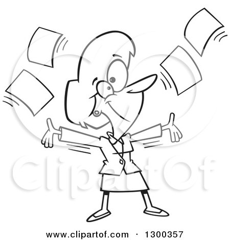 Lineart Clipart of a Cartoon Black and White Business Woman Tossing up Papers and Ready for Retirement - Royalty Free Outline Vector Illustration by toonaday