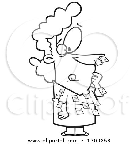 Lineart Clipart of a Cartoon Black and White Forgetful Business Woman with Sticky Notes All Over Her Dress and Nose - Royalty Free Outline Vector Illustration by toonaday