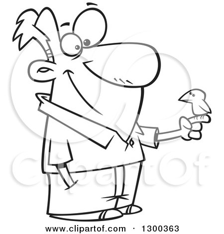 Lineart Clipart of a Cartoon Happy Black and White Man with a Bird Perched on His Finger - Royalty Free Outline Vector Illustration by toonaday