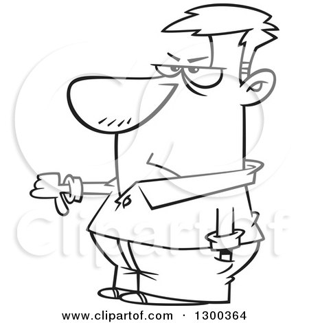Lineart Clipart of a Cartoon Black and White Angry Man Rejecting an Option with a Thumb down - Royalty Free Outline Vector Illustration by toonaday