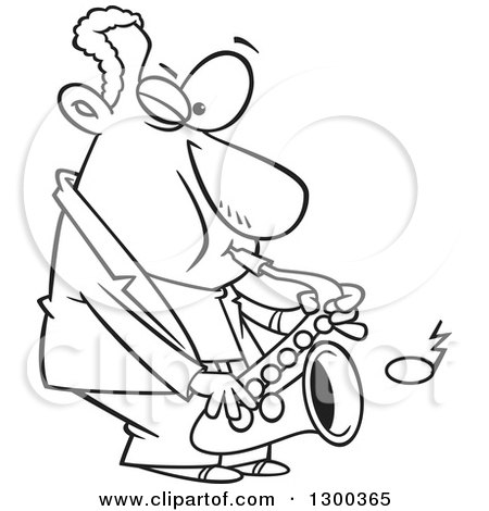 Lineart Clipart of a Cartoon Black and White Male Musician Playing a Saxophone - Royalty Free Outline Vector Illustration by toonaday