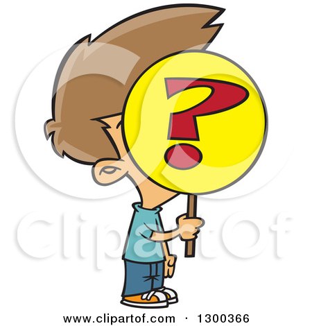 Clipart of a Cartoon Anonymous Brunette White Boy Holding a Question Mark Sign over His Face - Royalty Free Vector Illustration by toonaday
