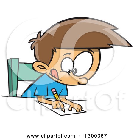 Clipart of a Cartoon Focused Brunette White Boy Writing at a Desk - Royalty Free Vector Illustration by toonaday