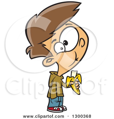Clipart of a Cartoon Brunette White Boy Eating a Banana - Royalty Free Vector Illustration by toonaday