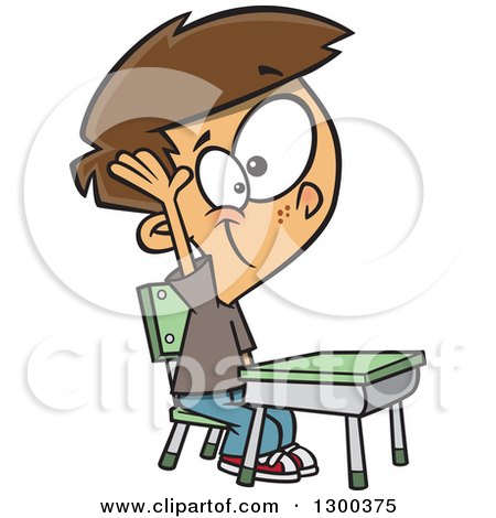 Clipart of a Cartoon Brunette White School Boy Raising His Hand at a Desk - Royalty Free Vector Illustration by toonaday