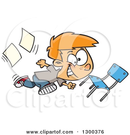 Clipart of a Cartoon Red Haired White School Boy Running Recklessly Through a Classroom - Royalty Free Vector Illustration by toonaday
