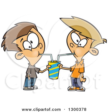 Clipart of Cartoon Brunette and Blond White Boys Sharing a Soda - Royalty Free Vector Illustration by toonaday