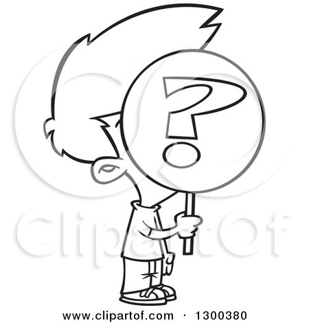 Lineart Clipart of a Cartoon Black and White Anonymous Boy Holding a Question Mark Sign over His Face - Royalty Free Outline Vector Illustration by toonaday