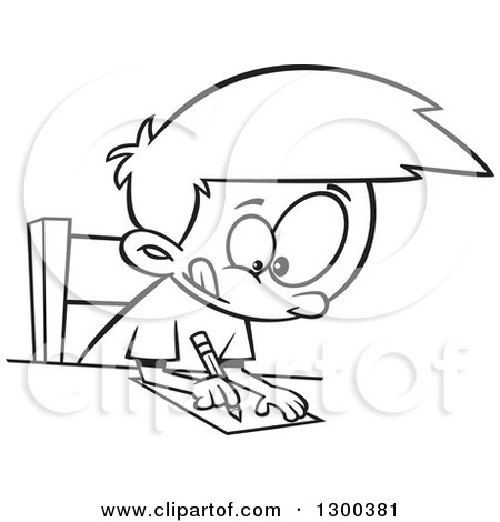 Lineart Clipart of a Cartoon Black and White Focused Boy Writing at a Desk - Royalty Free Outline Vector Illustration by toonaday