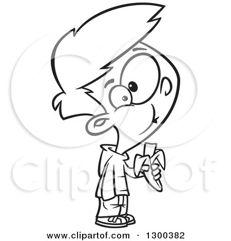 Lineart Clipart of a Cartoon Black and White Boy Eating a Banana - Royalty Free Outline Vector Illustration by toonaday