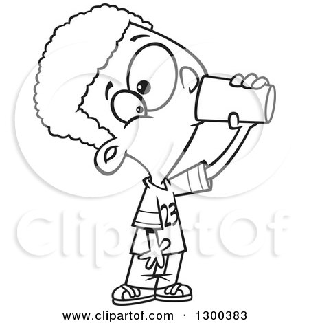 Lineart Clipart of a Cartoon Thirsty Black and White African American Boy Drinking from a Cup - Royalty Free Outline Vector Illustration by toonaday