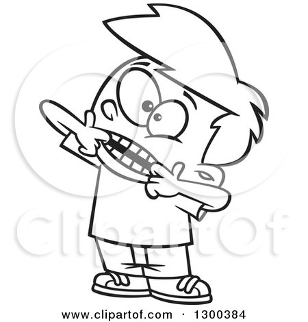 Lineart Clipart of a Cartoon Bratty Black and White Boy Making a Funny Face - Royalty Free Outline Vector Illustration by toonaday