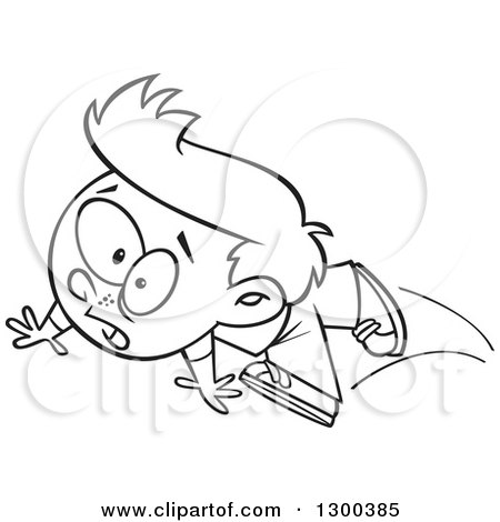 Lineart Clipart of a Cartoon Black and White Clumsy Boy Tripping and Falling - Royalty Free Outline Vector Illustration by toonaday