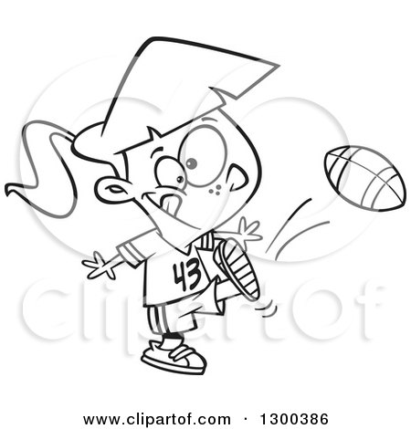 Lineart Clipart of a Cartoon Black and White Tom Boy Girl Kicking a Football - Royalty Free Outline Vector Illustration by toonaday
