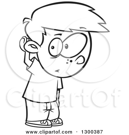 Lineart Clipart of a Cartoon Black and White Boy Covering His Ear and Listening - Royalty Free Outline Vector Illustration by toonaday