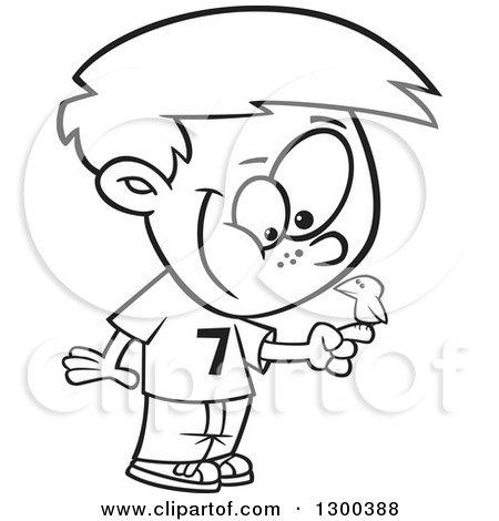 Lineart Clipart of a Cartoon Happy Black and White Boy with a Bird Perched on His Finger - Royalty Free Outline Vector Illustration by toonaday