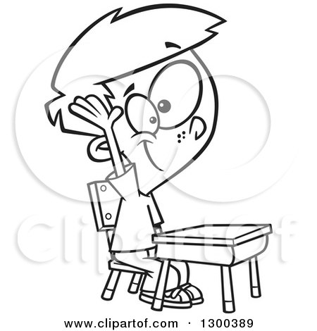 Lineart Clipart of a Cartoon Black and White School Boy Raising His Hand at a Desk - Royalty Free Outline Vector Illustration by toonaday