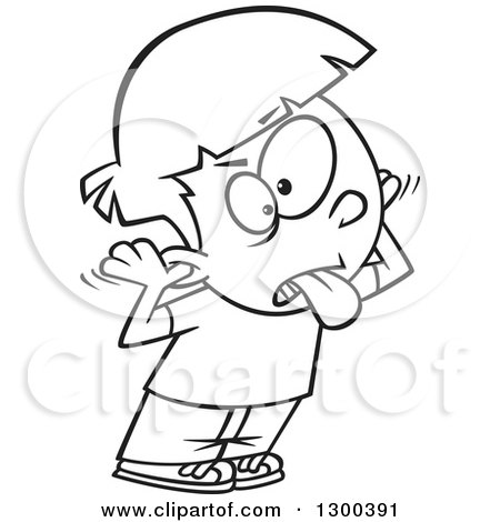 Lineart Clipart of a Cartoon Black and White Bratty Boy Making a Face - Royalty Free Outline Vector Illustration by toonaday