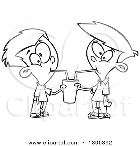 Clipart of Cartoon Black and White Boys Sharing a Soda - Royalty Free Outline Vector Illustration by toonaday