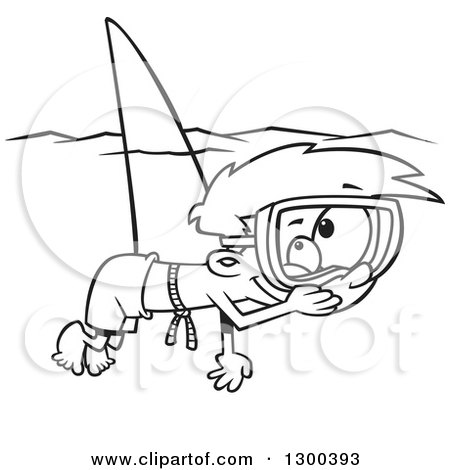 Lineart Clipart of a Cartoon Black and White Mischievous Boy Wearing a Shark Fin and Swimming As a Prank - Royalty Free Outline Vector Illustration by toonaday