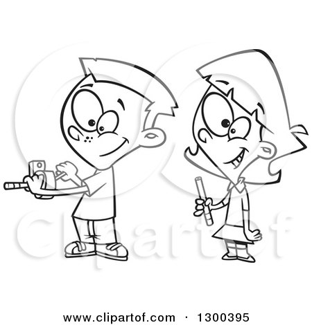 Lineart Clipart of a Cartoon Black and White School Girl and Boy Taking Turns at a Pencil Sharpener - Royalty Free Outline Vector Illustration by toonaday