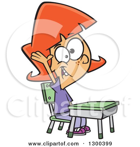 Clipart of a Cartoon Smart Red Haired White School Girl Raising Her Hand at Her Desk - Royalty Free Vector Illustration by toonaday