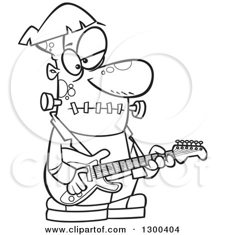 Lineart Clipart of a Cartoon Black and White Frankenstein Playing a Guitar - Royalty Free Outline Vector Illustration by toonaday