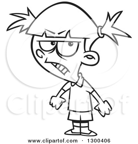 Lineart Clipart of a Cartoon Black and White Angry Girl with Clenched Fists  - Royalty Free Outline Vector Illustration by toonaday #1300406