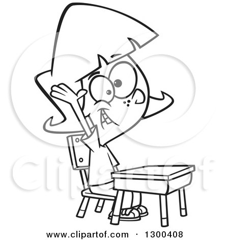 Lineart Clipart of a Cartoon Black and White Smart School Girl Raising Her Hand at Her Desk - Royalty Free Outline Vector Illustration by toonaday