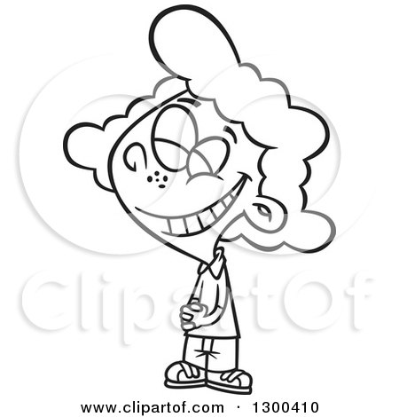 Lineart Clipart of a Cartoon Black and White Happy Smiling Girl - Royalty Free Outline Vector Illustration by toonaday