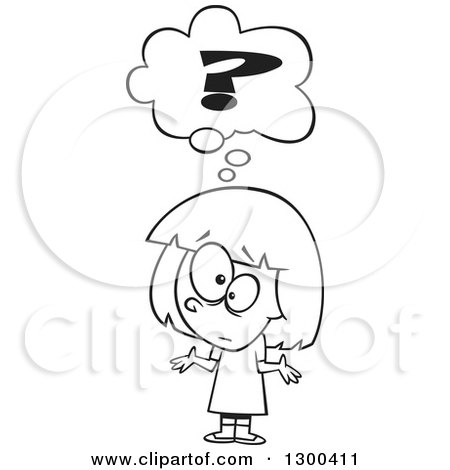 Lineart Clipart of a Cartoon Black and White Confused Girl Shrugging Under a Question Mark - Royalty Free Outline Vector Illustration by toonaday
