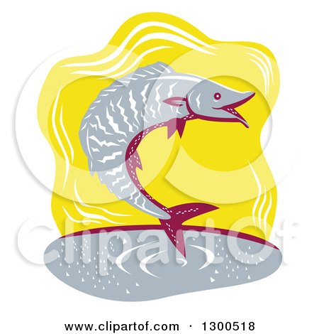 Clipart of a Retro Woodcut Jumping Wahoo Fish over Yellow - Royalty Free Vector Illustration by patrimonio