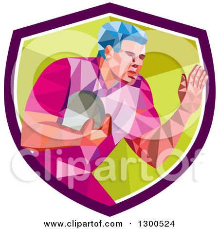 Clipart of a Retro Low Poly Geometric Rugby Player in a Purple White and Green Shield - Royalty Free Vector Illustration by patrimonio