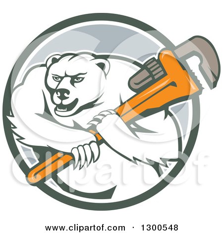 Clipart of a Retro Cartoon Polar Bear Plumber Mascot Wielding a Monkey Wrench in a Circle - Royalty Free Vector Illustration by patrimonio